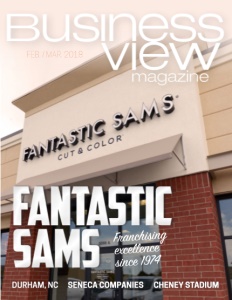 Business View Magazine cover for February 2018 showing the front of a building for a business called Fantastic Sams.